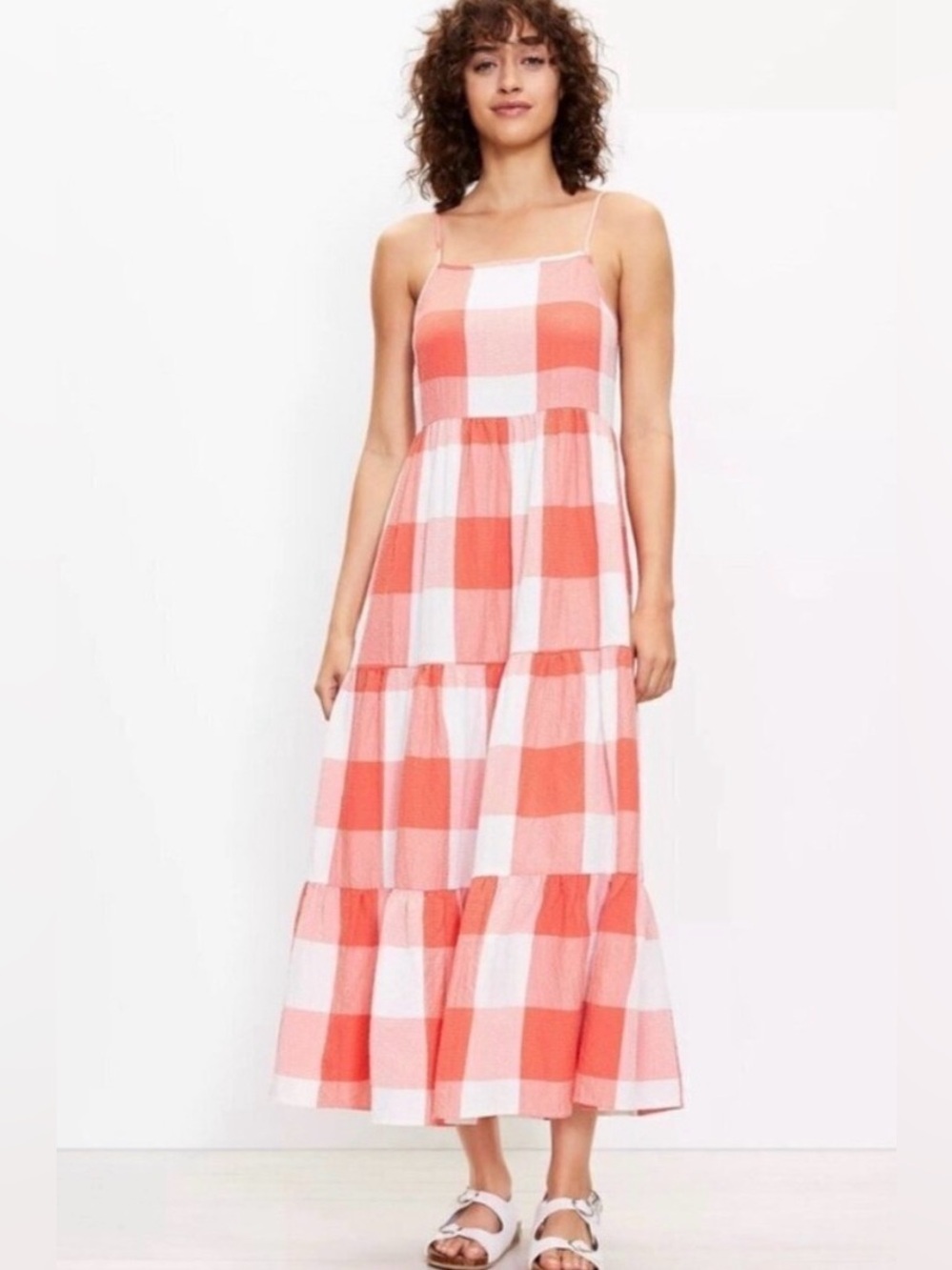 LOU & GREY Gingham Check Tiered Tank Midi Smocked Dress in Coral/White Size S